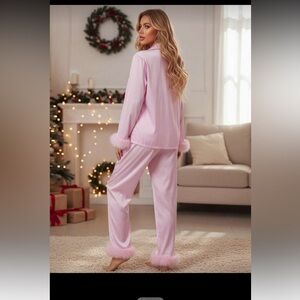 Women's Pink Pajama Set with Faux Fur Trim